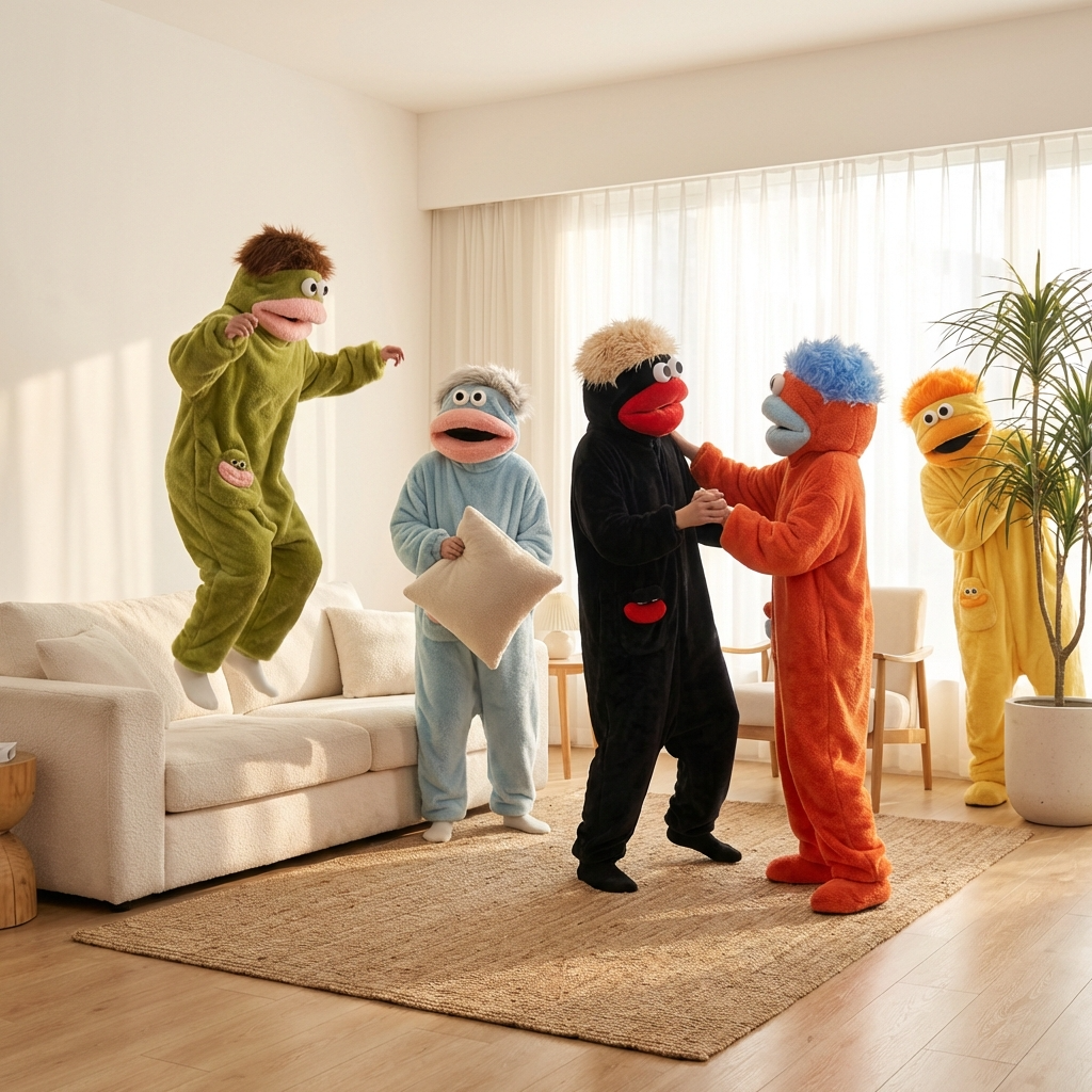 Five Glimbo halloween costumes dancing in a living room.