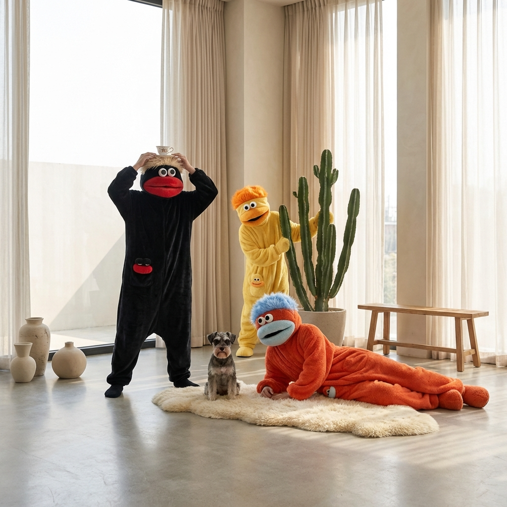 Three people in glimbo onesies interacting with a dog in a modern living room.