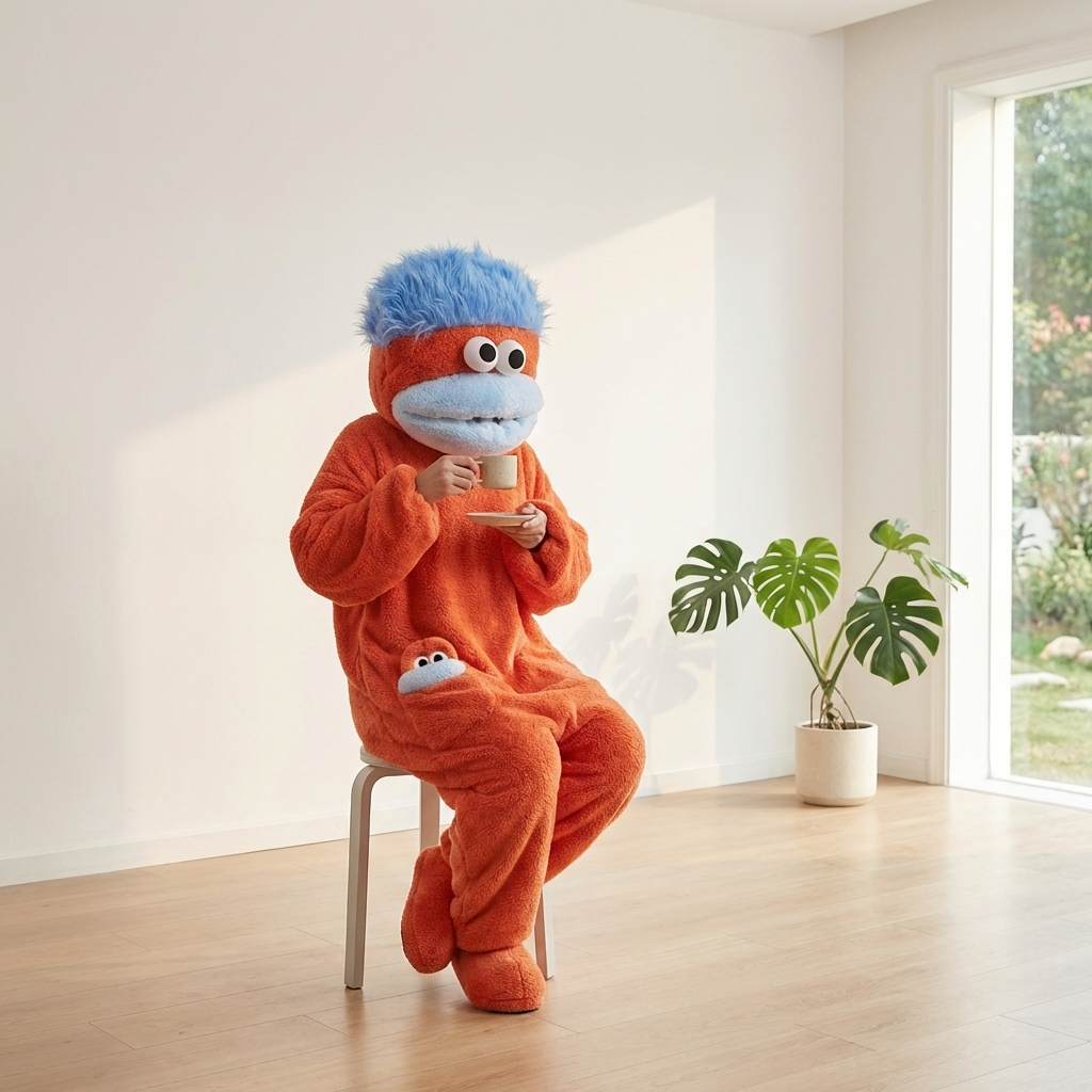 Person in an orange glimbo onesie with a blue head, sitting on a chair in a room with a plant and window.